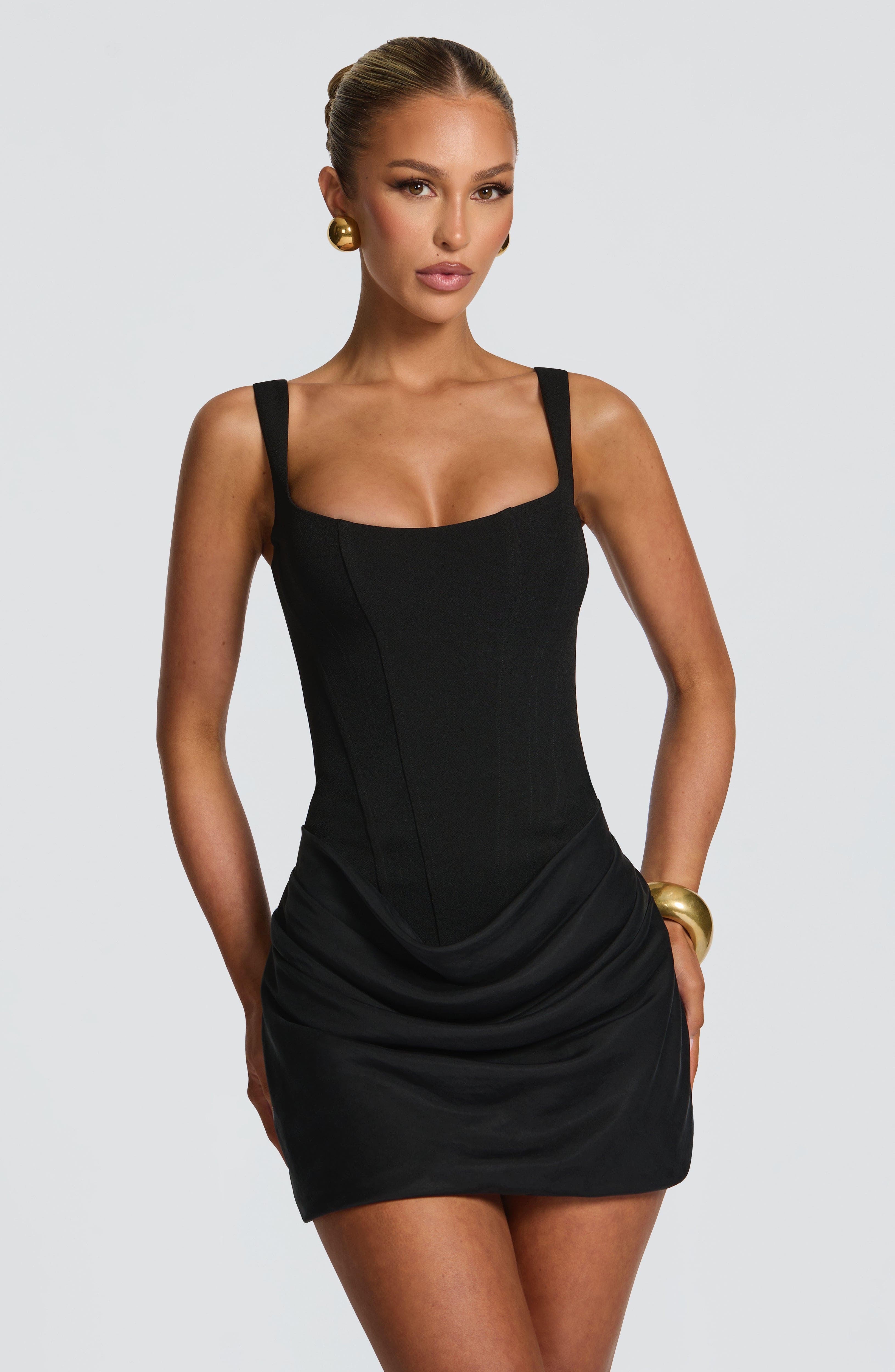 Women's Corset Mini Dress with Draped Skirt and Square Neck - 2