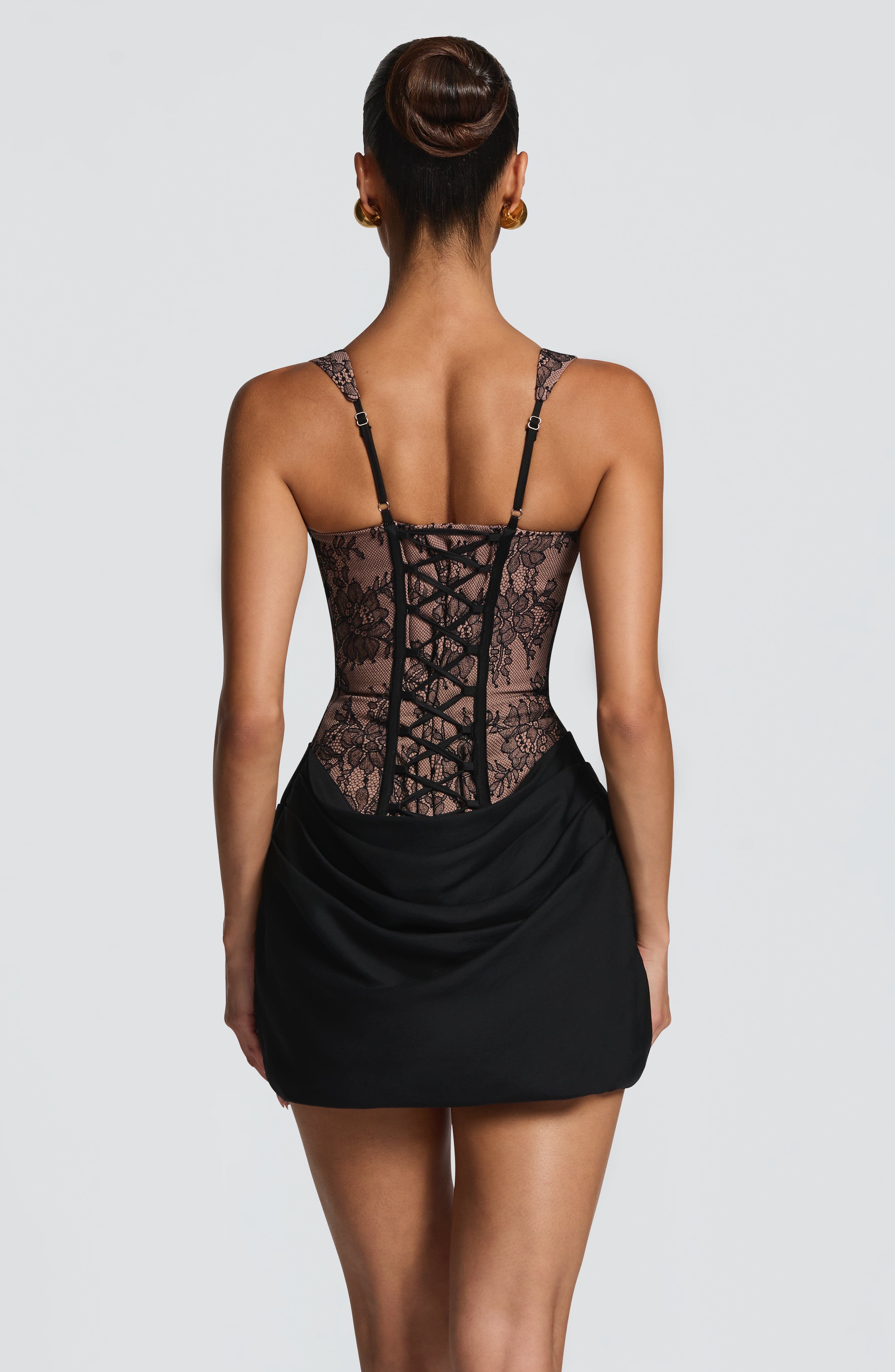 Women's Lace Corset Mini Dress with Boning and Square Neckline - 3