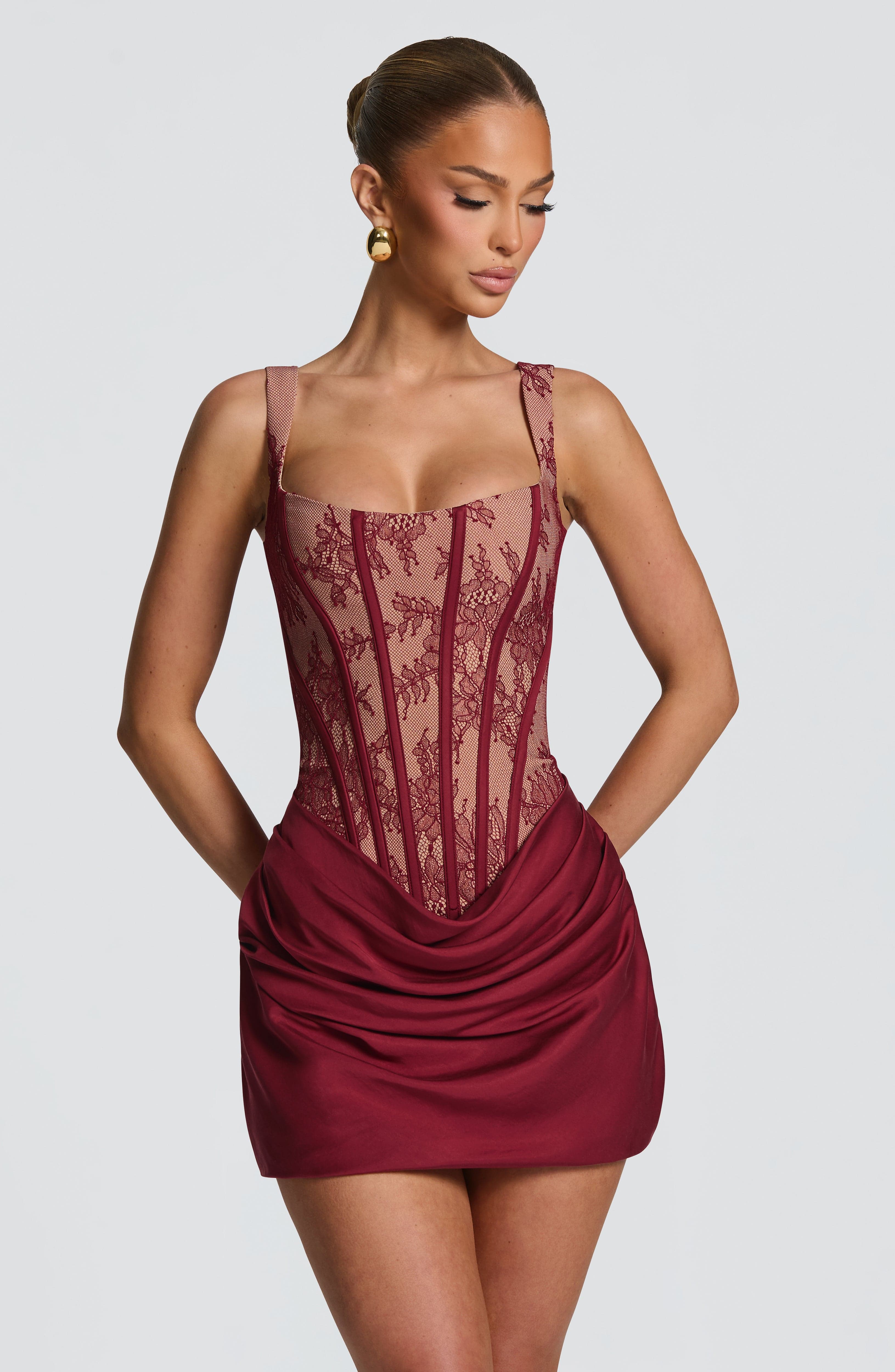 Women's Corset Mini Dress with Lace Bodice and Draped Skirt - 7