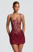 Women's Corset Mini Dress with Lace Bodice and Draped Skirt - 2
