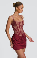 Women's Corset Mini Dress with Lace Bodice and Draped Skirt - 8