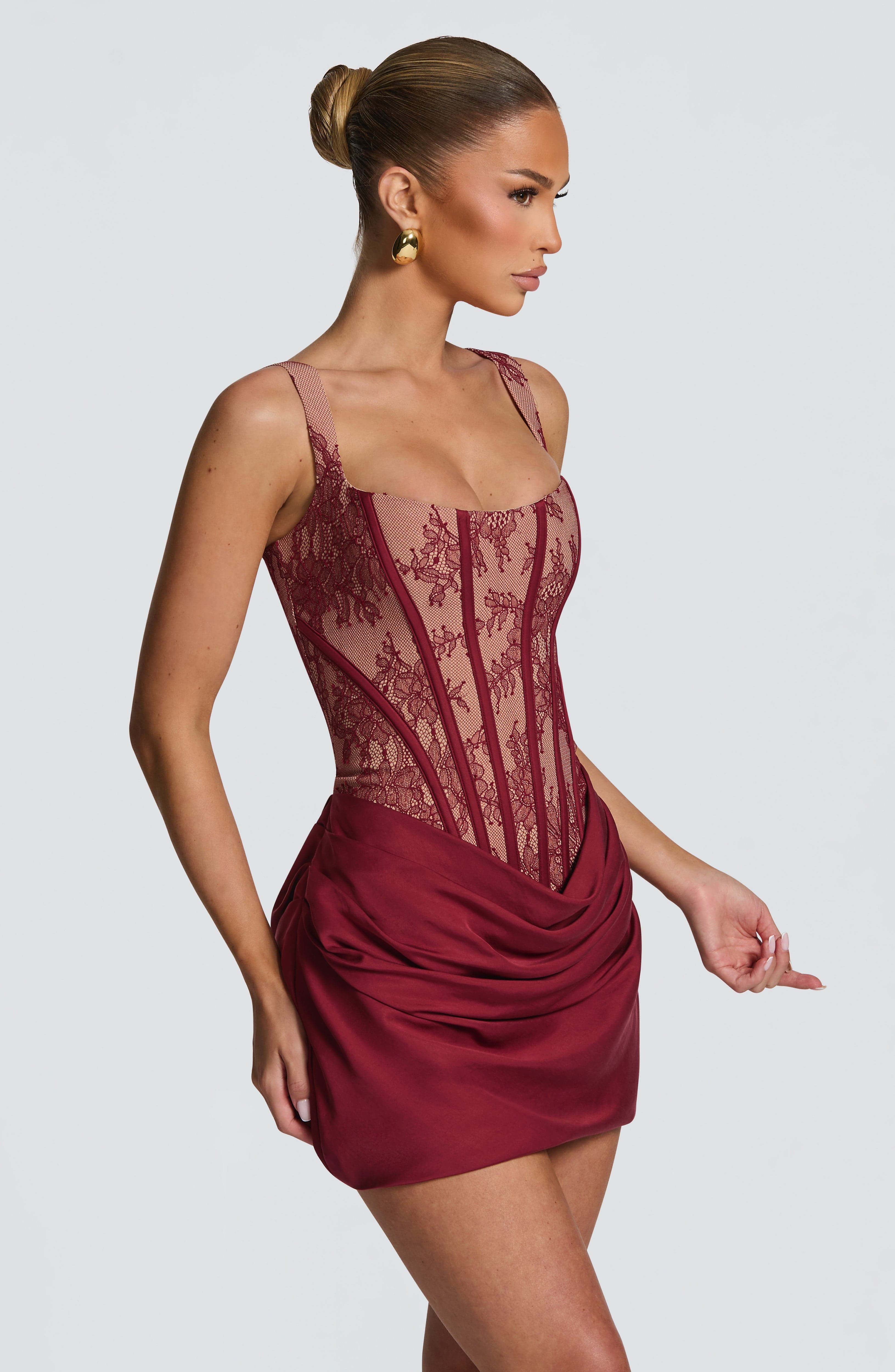 Women's Corset Mini Dress with Lace Bodice and Draped Skirt - 8