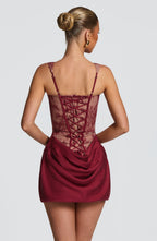 Women's Corset Mini Dress with Lace Bodice and Draped Skirt - 4