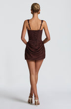 Women's Corset Mini Dress with Draped Skirt and Square Neck - 3