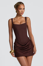 Women's Corset Mini Dress with Draped Skirt and Square Neck - 5