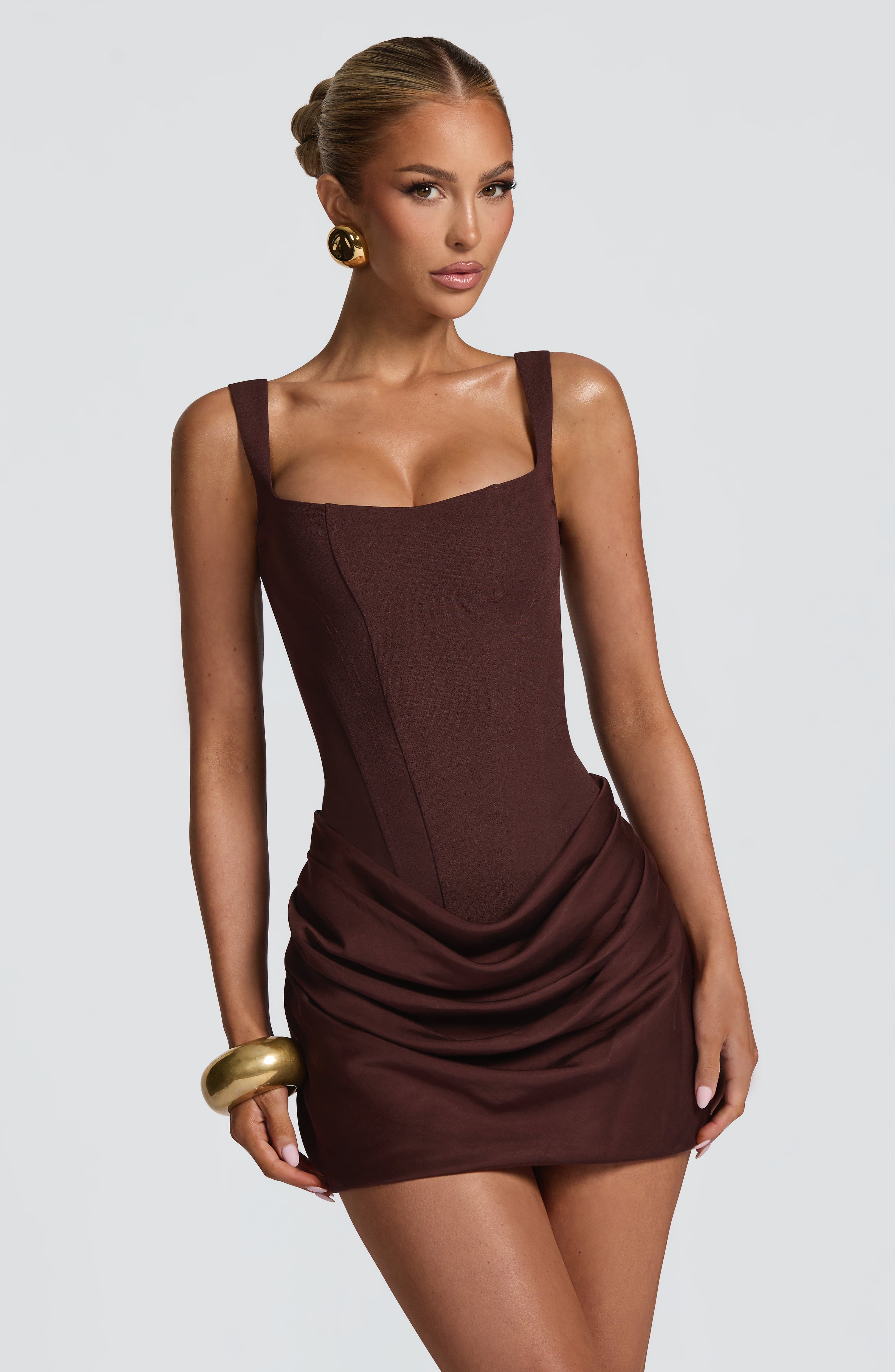 Women's Corset Mini Dress with Draped Skirt and Square Neck - 5