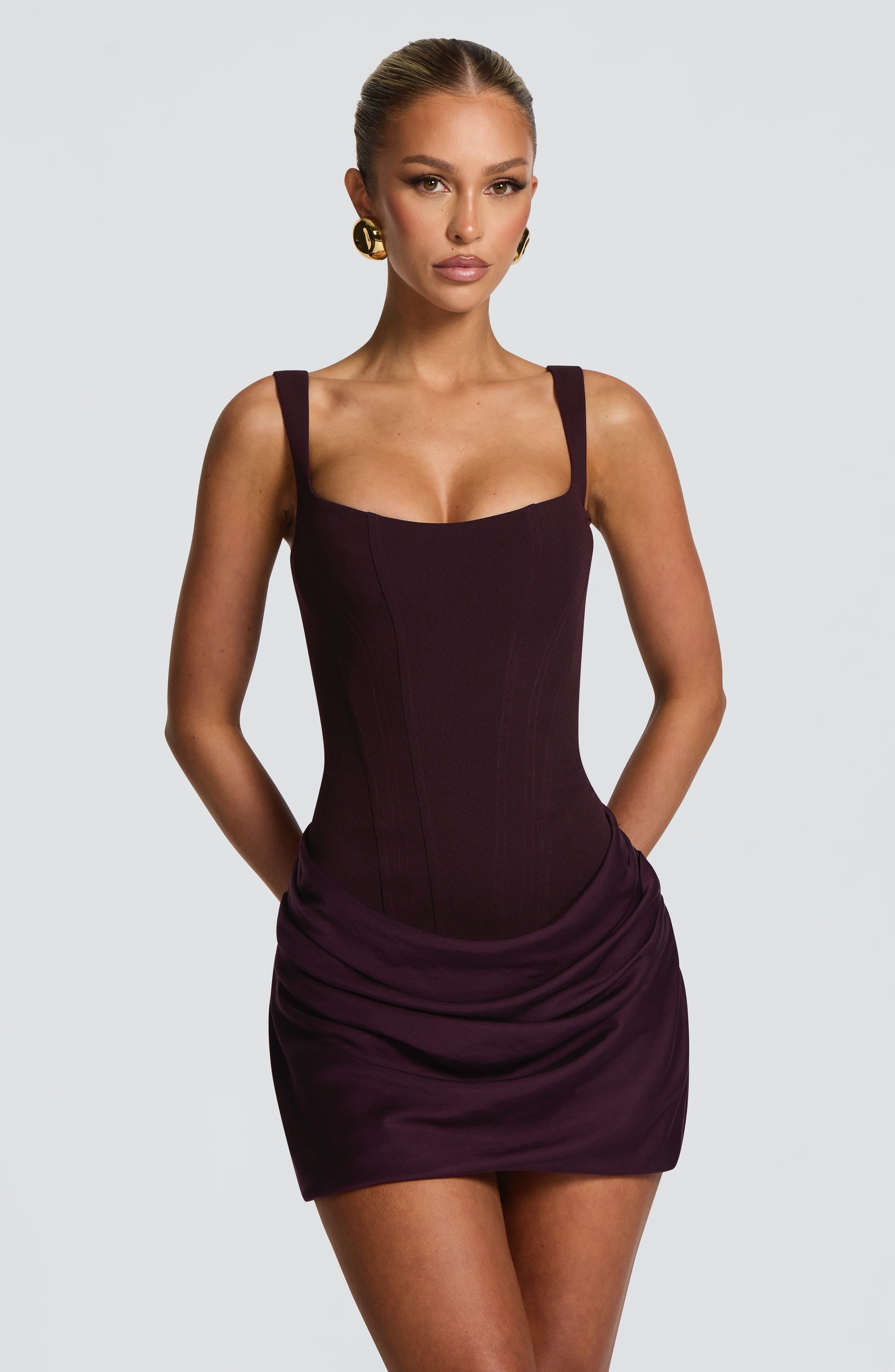 Women's Corset Mini Dress Sleeveless with Square Neck and Draped Skirt - 2