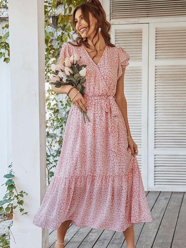 Women's Floral Wrap Dress with V-Neck and Flutter Sleeves - 2