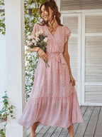 Women's Floral Wrap Dress with V-Neck and Flutter Sleeves - 2