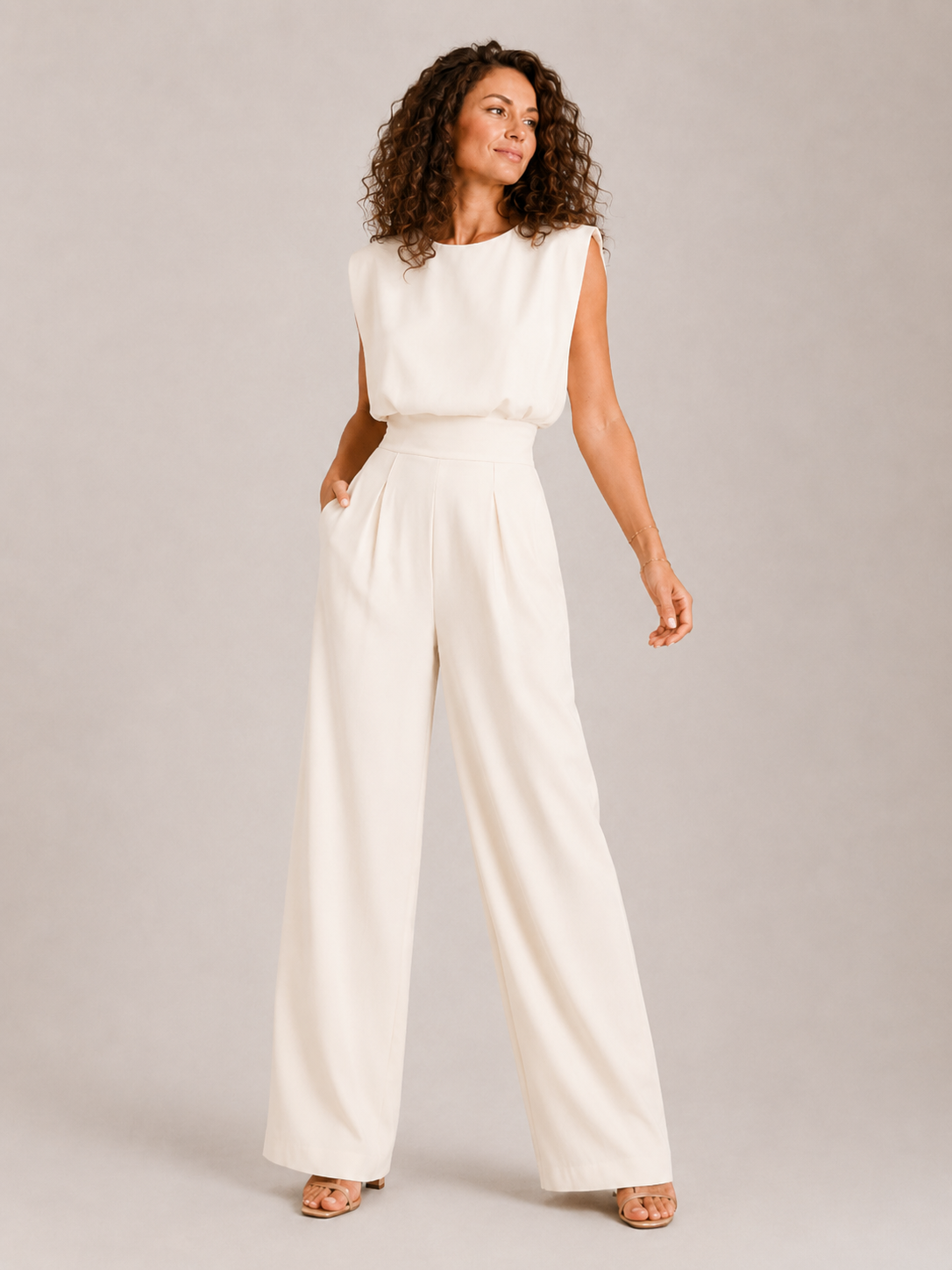 Women's Sleeveless Wide Leg Jumpsuit with Draped Bodice and Pleated Legs - Cream
