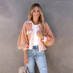 Women's Cropped Jacket Fitted with Frayed Hem - Pink