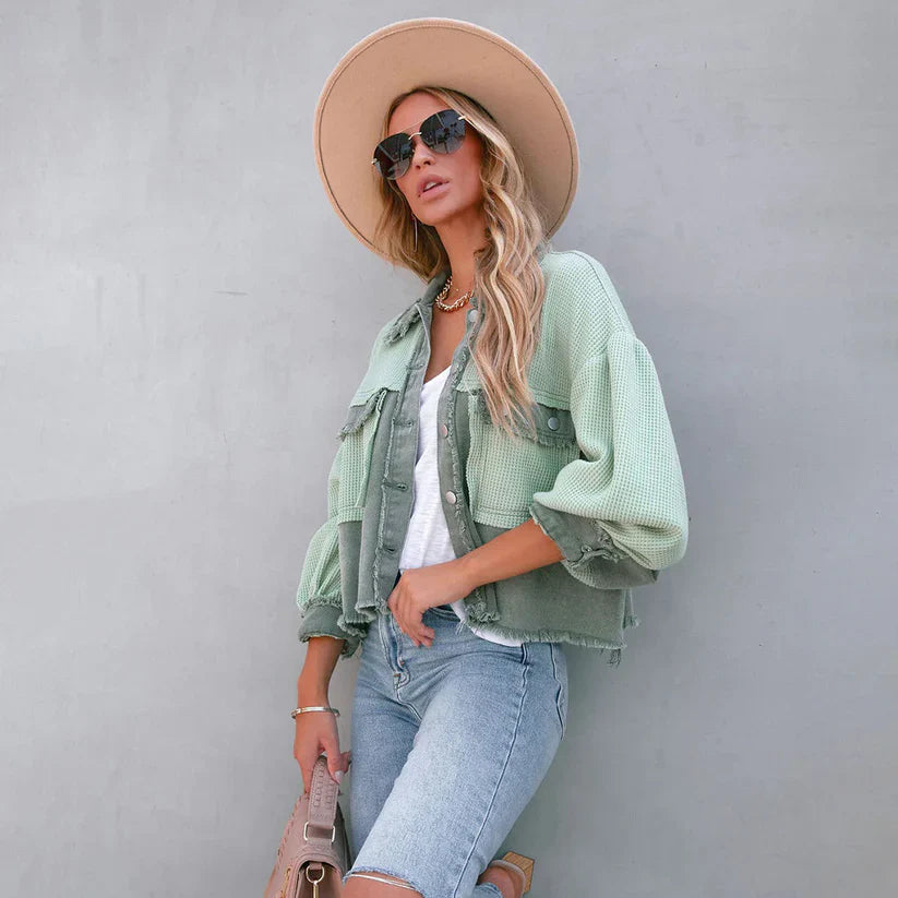 Women's Cropped Jacket Fitted with Frayed Hem - 2