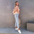Women's Cropped Jacket Fitted with Frayed Hem - 5