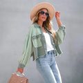 Women's Cropped Jacket Fitted with Frayed Hem - Green