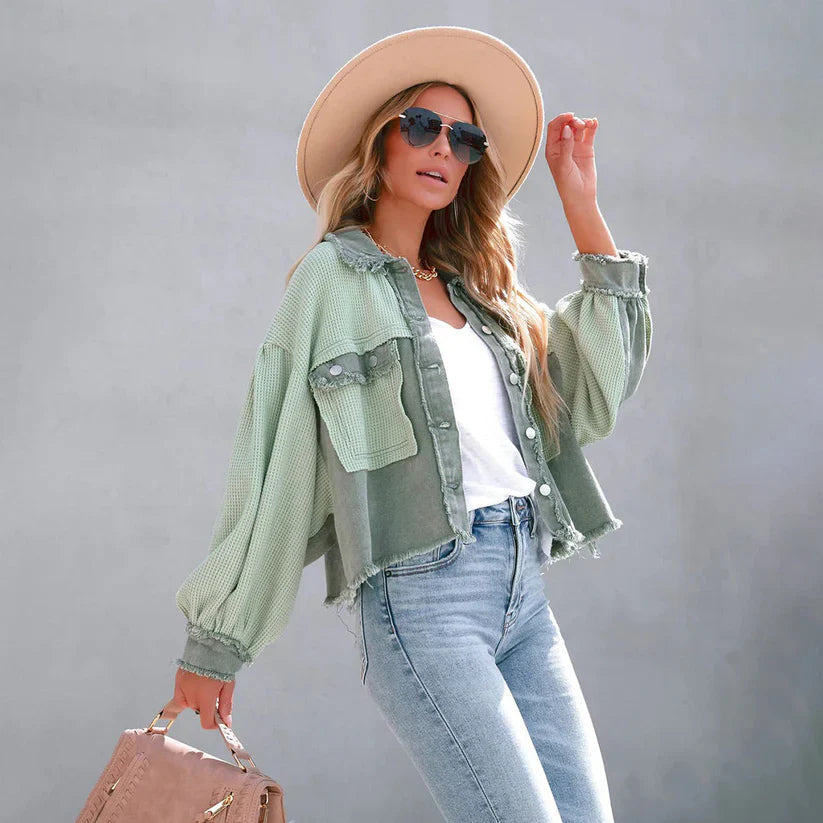 Women's Cropped Jacket Fitted with Frayed Hem - Green