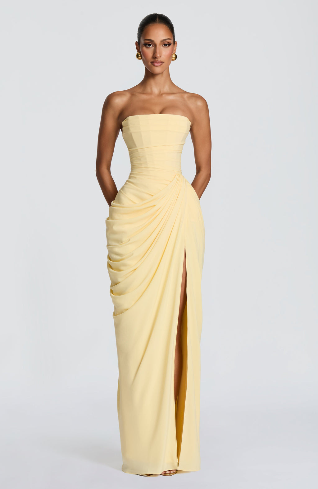 Women's Strapless Maxi Dress with Draped Front Slit and Column Silhouette - 5