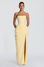 Women's Strapless Maxi Dress with Draped Front Slit and Column Silhouette - 5