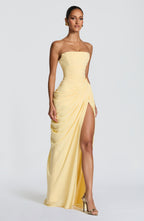 Women's Strapless Maxi Dress with Draped Front Slit and Column Silhouette - 4