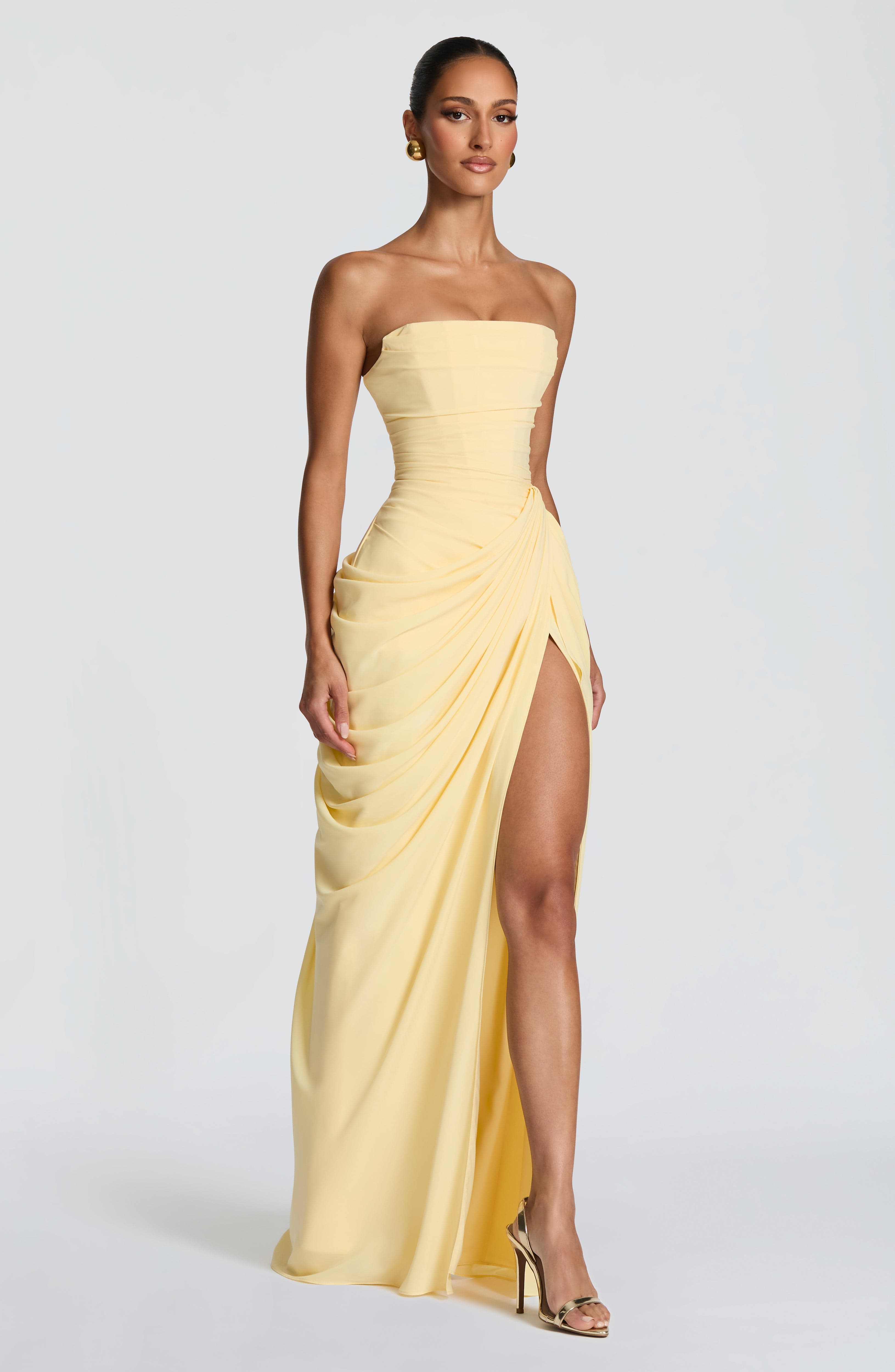 Women's Strapless Maxi Dress with Draped Front Slit and Column Silhouette - 4