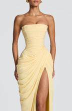 Women's Strapless Maxi Dress with Draped Front Slit and Column Silhouette - 6