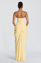 Women's Strapless Maxi Dress with Draped Front Slit and Column Silhouette - 3