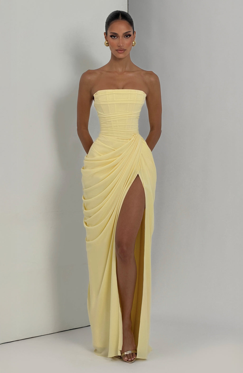 Women's Strapless Maxi Dress with Draped Front Slit and Column Silhouette - 7