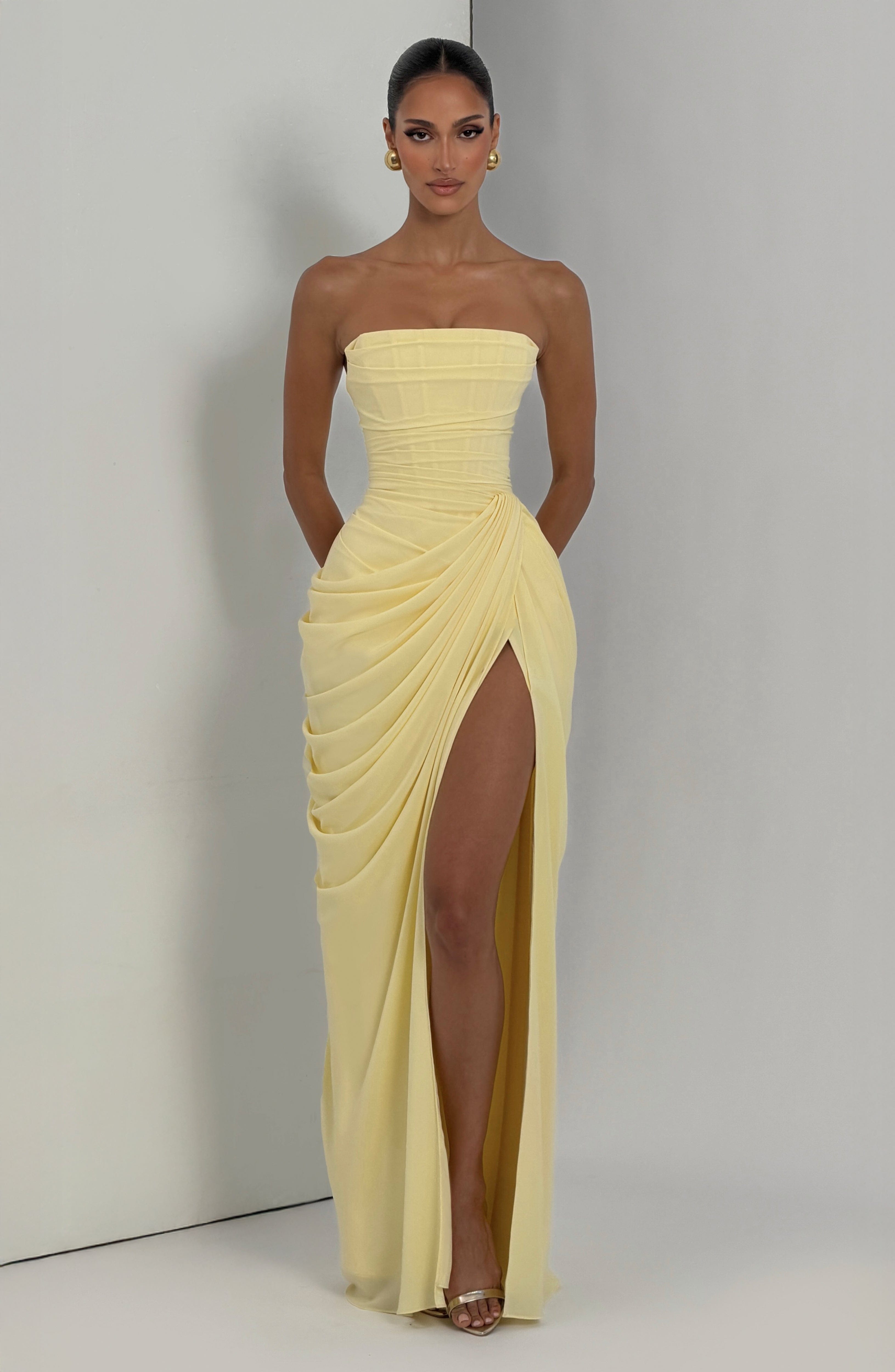 Women's Strapless Maxi Dress with Draped Front Slit and Column Silhouette - 7