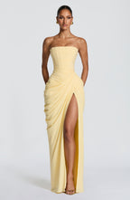 Women's Strapless Maxi Dress with Draped Front Slit and Column Silhouette - 2