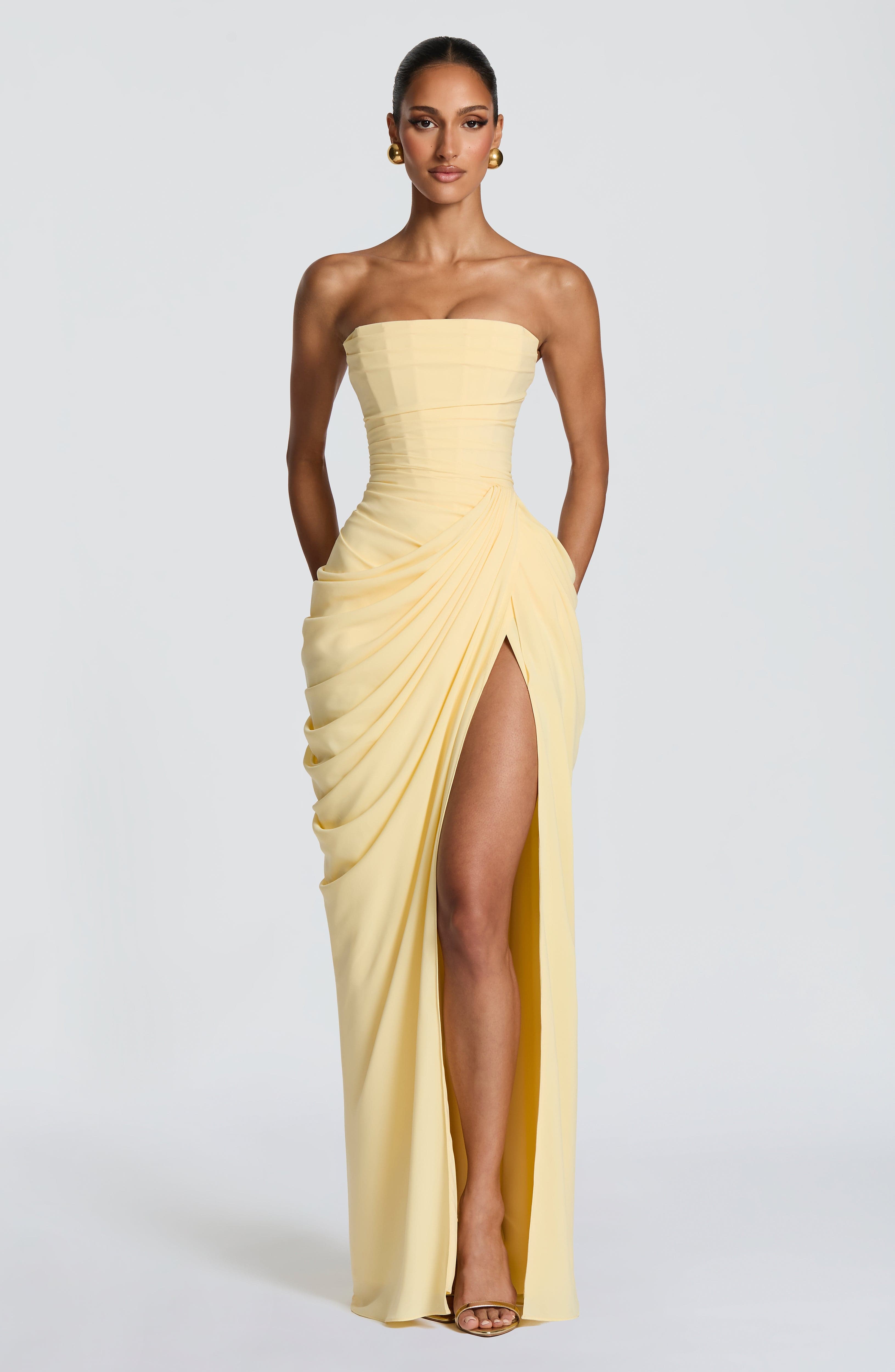 Women's Strapless Maxi Dress with Draped Front Slit and Column Silhouette - 2