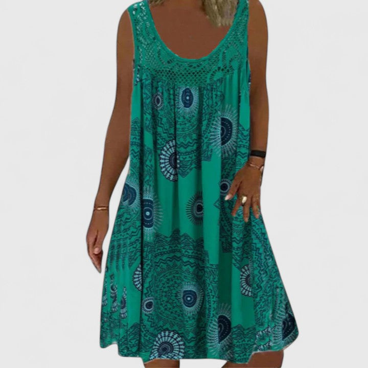 Women's Sleeveless Dress with Lace Yoke and Mandala Print - Green