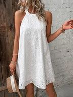 Women's Halter Neck Mini Dress with Eyelet Embroidery and A-Line Silhouette - White