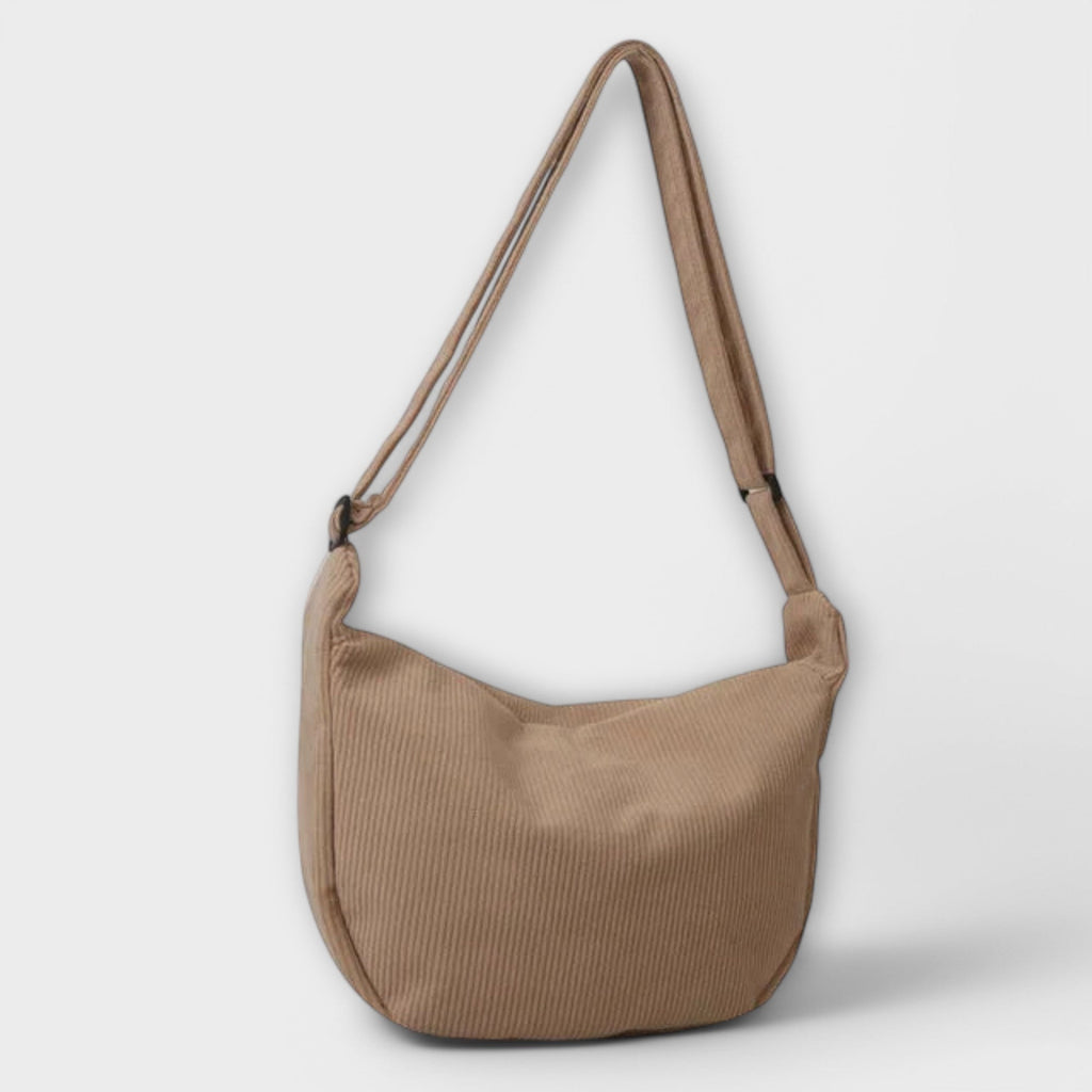 Women's Shoulder Bag with Ribbed Texture and Curved Silhouette - Khaki