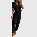 Women's Blouse and Trousers Set with V-Neck and Tapered Leg - Black