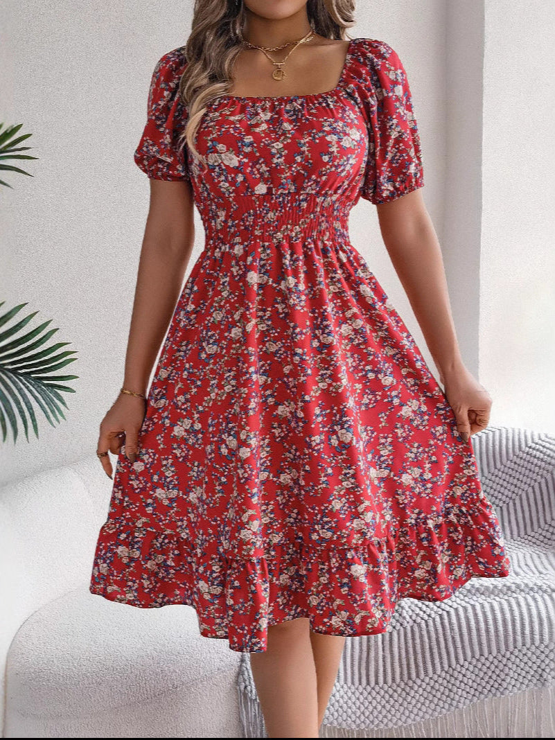 Women's Floral Dress with Frill Hem and High Waist - 4