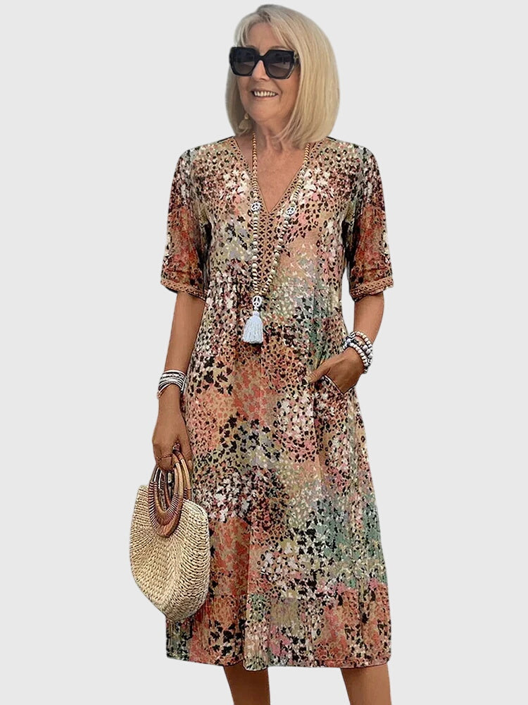 Bella | Elegant Floral Midi Dress - Sandy Beige (Almost sold out)