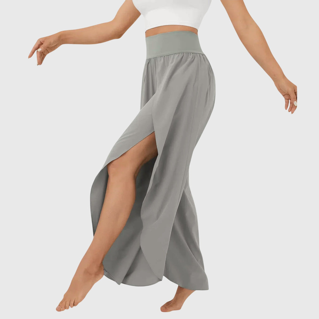 Women's Flared Trousers with Integrated Shorts and Split Hem - Grey