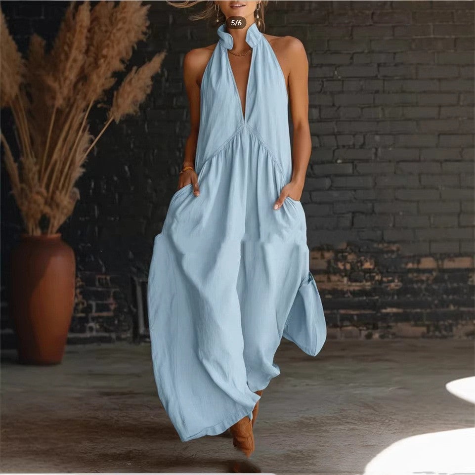Women's Halter Neck Maxi Dress with Button Front and Relaxed Silhouette - Light Blue