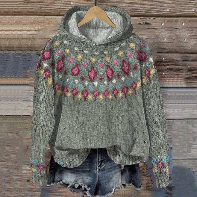 Women's Hoodie with Jacquard Pattern and Long Sleeves - Grey