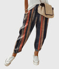 Women's Elastic Waist Trousers with Drawstring and Tapered Leg - Stripes