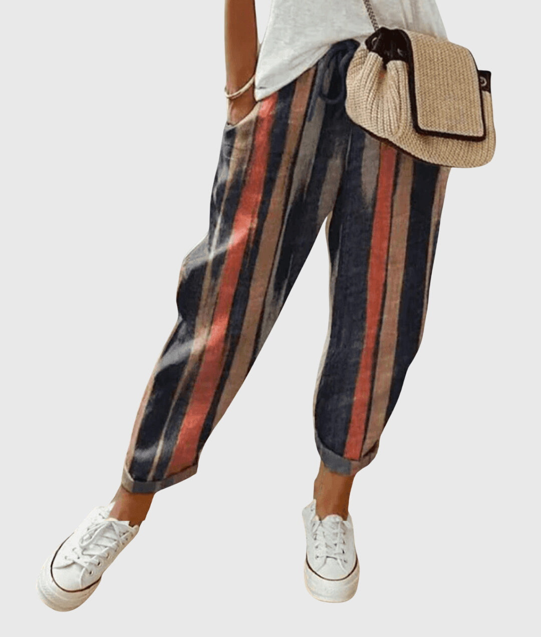 Women's Elastic Waist Trousers with Drawstring and Tapered Leg - Stripes
