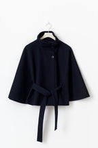 Women's Cape Coat with High Collar and Bow Belt - Blue