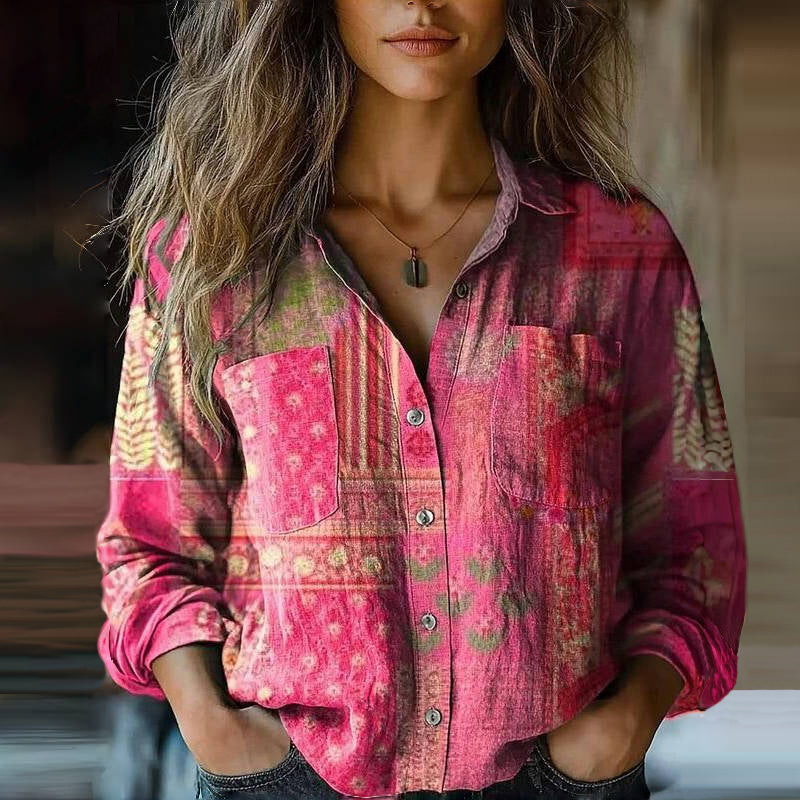 Women's Blouse Long Sleeve with Paisley Print and Collar - Pink