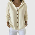 Women's Hooded Cardigan Button-Front with Long Sleeves - Beige