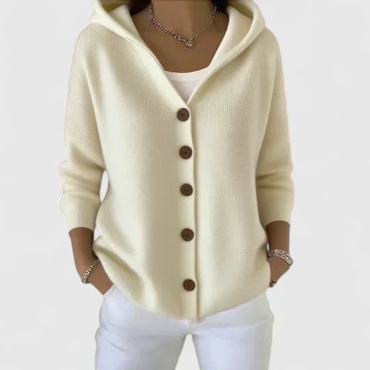 Women's Hooded Cardigan Button-Front with Long Sleeves - Beige