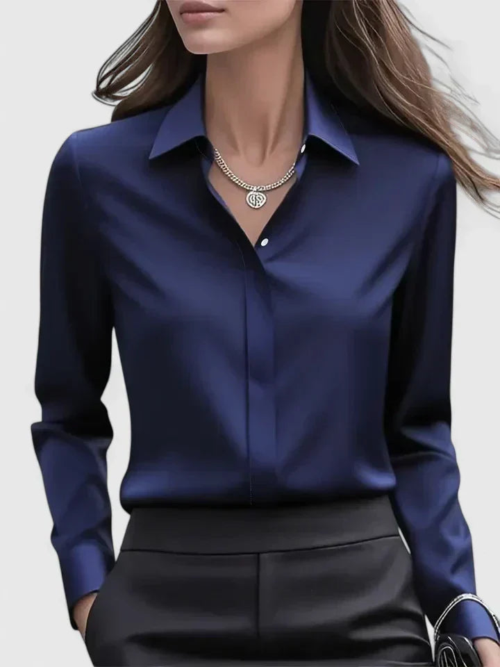 Women's Long Sleeve Shirt with Collar and Curved Hem - Navy Blue