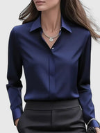 Women's Long Sleeve Shirt with Collar and Curved Hem - Navy Blue