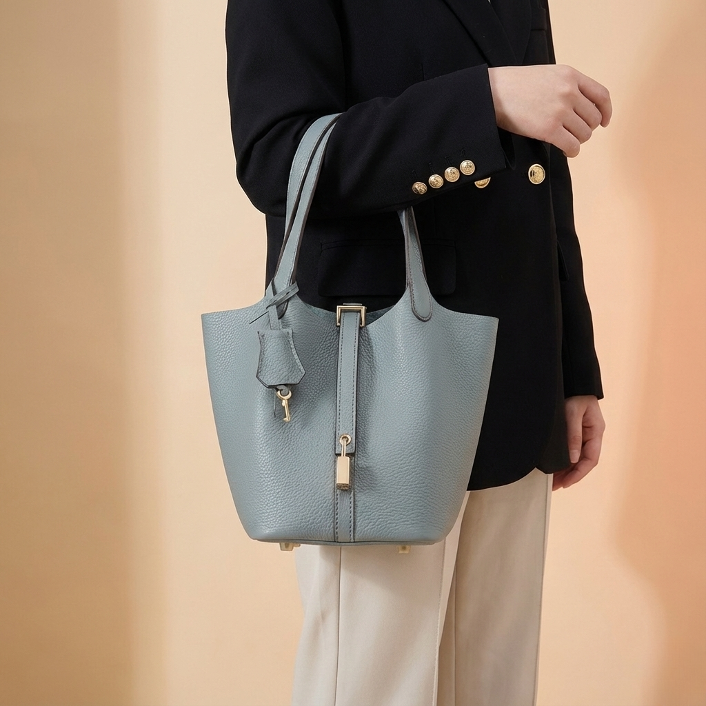 Women's Structured Bucket Bag with Twist-Lock Clasp - Sky Blue Cloud