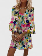Women's Floral Print Mini Dress with V-Neck and Flounce Sleeves - Multi-Coloured