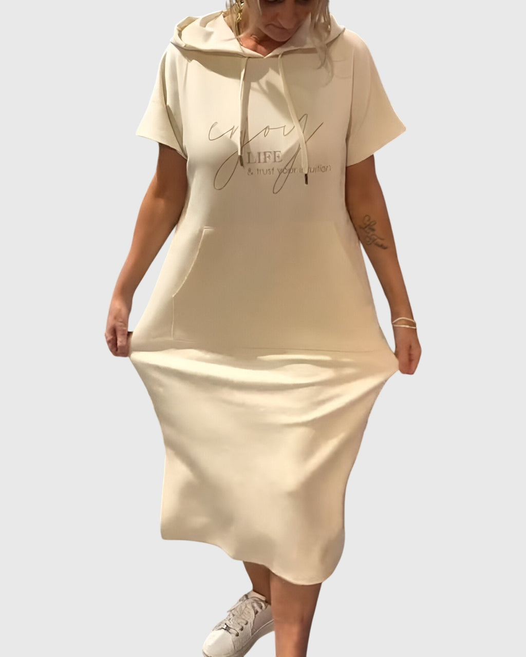 Women's Hooded Dress Short Sleeve with Kangaroo Pocket - 17