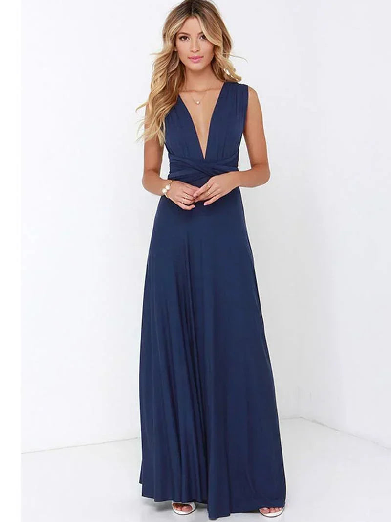 Women's Convertible Maxi Dress Multi-Way Wrap with A-Line Skirt - Blue